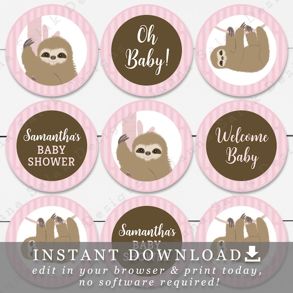 Sloth Cupcake Toppers Template 2" & 2.5" DIY Printable with Editable Text Baby Girl Pink Brown White SL01