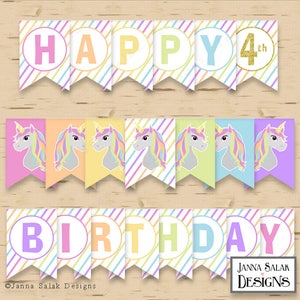 Unicorn Happy Birthday Banner leeftijden 1-10 Party Rainbow DIY afdrukbare INSTANT DOWNLOAD UN01