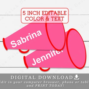 Megáfonos de 5" para animadoras con colores y nombres editables. Plantilla DIY imprimible.