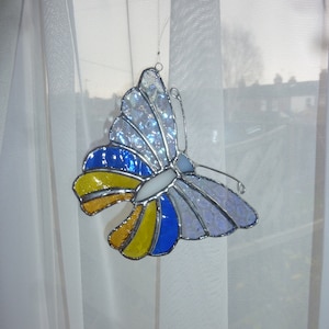 Stained Glass Butterfly Suncatcher: Iridescent Blue & Yellow Wings