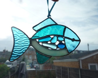 Stained glass fish suncatcher. Fish ornament,blue fish.cute fish.