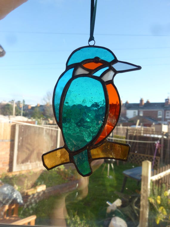 Stained glass Kingfisher suncatcher,Bird suncatcher,カワセミ，翡翠