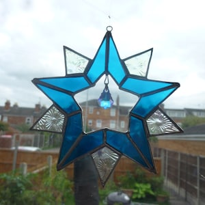 Stained Glass Star Suncatcher: Blue Ornament with Crystal Charm
