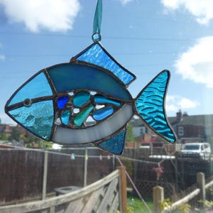 Stained Glass Fish Suncatcher: Blue & Green Ornament
