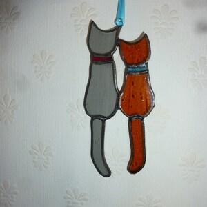 pair cat stained glass suncatcher.Cat suncatcher.Stained glass Cats.