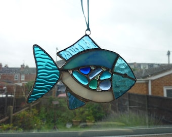 Stained Glass Fish Suncatcher: Blue & Green Ornament