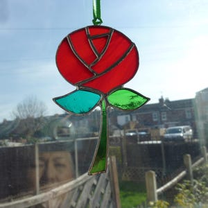 Red rose suncatcher,Flower suncatcher,Stained glass rose.