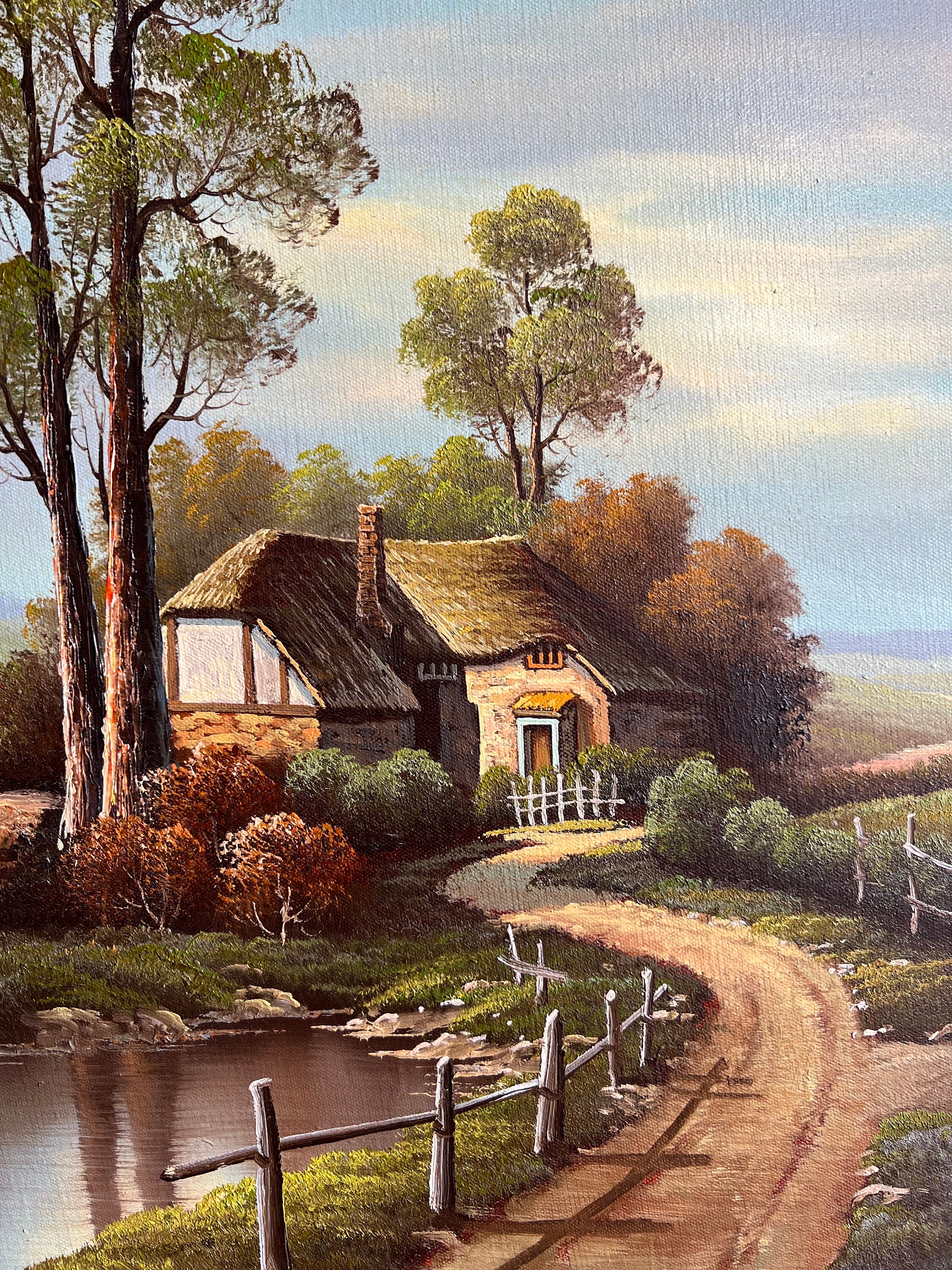 Vintage Rustic Cottage Oil Painting of a Summer Scene in Wooden Frame ...