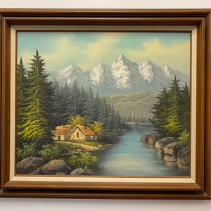 Vintage Landscape Oil Painting of a Summer Mountain Scene in Wooden Frame Signed by Artist