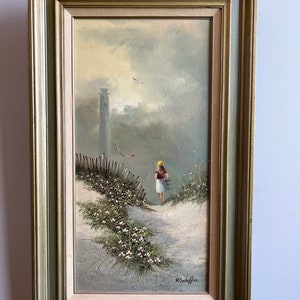 Vintage Nautical Painting of Seaside Landscape with a Lighthouse Signed by Artist
