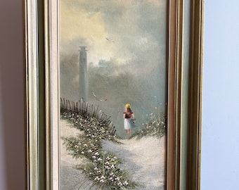 ヴィンテージ油絵 海辺の風景 灯台付き サイン入り 額入り L17xH13