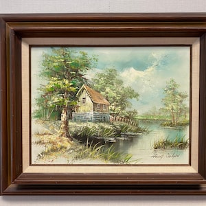Vintage Rustic Cottage Oil Painting of a Country Scene in Wooden Frame Signed by Artist