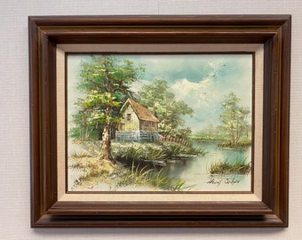 Vintage Rustic Cottage Oil Painting of a Country Scene in Wooden Frame Signed by Artist