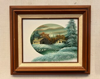 Vintage Rustic Homestead Peinture à l’huile d’une scène d’hiver dans un cadre en bois signé par un artiste