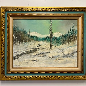 Vintage Landscape Oil Painting of a Winter Mountain Scene in Wooden Frame Signed by Artist