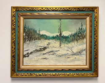 Pintura al óleo de paisaje vintage de una escena de montaña de invierno en marco de madera firmada por el artista