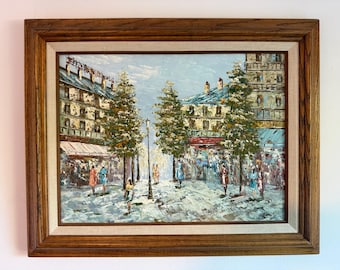 Vintage Straßenszene Ölgemälde Figuren zu Fuß durch Straßen
