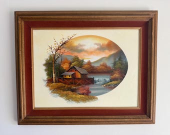 Peinture à l'huile vintage Grange d'automne : paysage de coucher de soleil rustique des années 1970