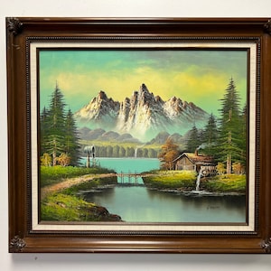 Vintage Landscape Oil Painting of a Mountain Scene in Wooden Frame Signed by Artist