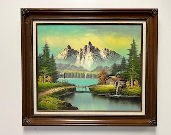 Vintage Landschaft Ölgemälde einer Bergszene im Holzrahmen signiert vom Künstler