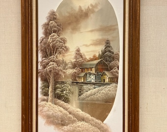 Pintura al óleo vintage de paisaje otoñal: escena rústica de granero, firmada