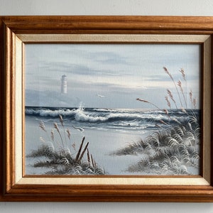 Vintage Nautical Painting of Seaside Landscape Signed by Artist
