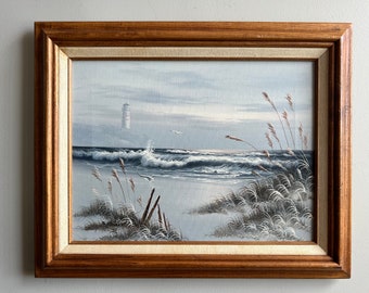 Vintage Nautical Painting of Seaside Landscape Signed by Artist