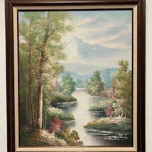 Vintage Landscape Oil Painting of a Mountain Scene in Wooden Frame Signed by Artist