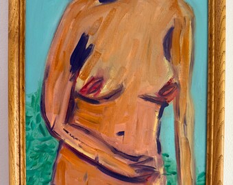 Original Oil Painting Abstract Nude Wall Art, Yellow Orange Figure, Abstract Expressionist Art, 11x14 Framed Canvas