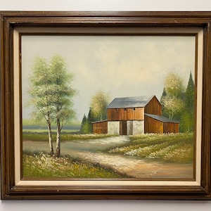Vintage Spring Landscape Oil Painting: Rustic Red Barn Scene, Signed