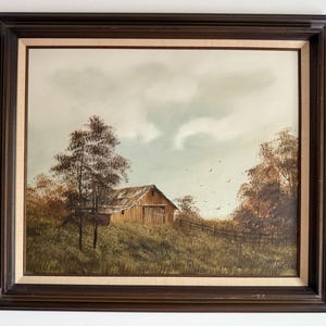 Vintage Autumn Barn Oil Painting: 1970s Rustic Landscape Art