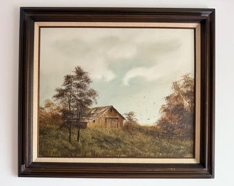 田園風景の温かみのある色調のオリジナル絵画、納屋のある秋の農場
