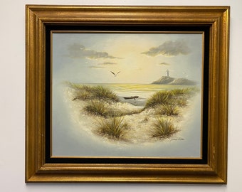 Vintage Nautical Painting of Seaside Landscape Signed by Artist