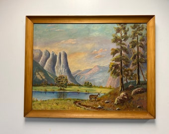 Pintura al óleo vintage del Cañón de Palo Duro: paisaje montañoso de Texas en marco de madera
