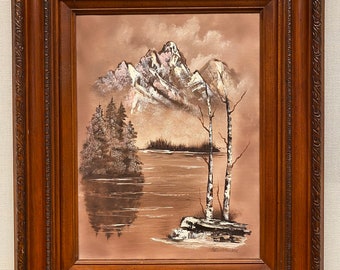 peinture à l’huile de paysage vintage d’une scène de montagne dans le cadre en bois signé par l’artiste