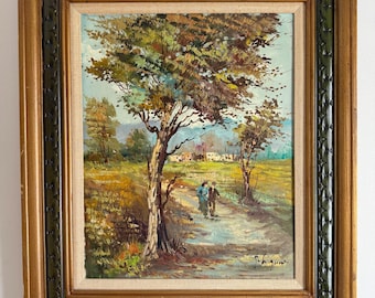 Peinture à l'huile de campagne vintage - Art paysager encadré des années 1970