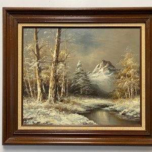 Vintage Winter Mountain Oil Painting Signed G. Whitman, Wooden Frame