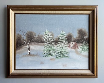 Vintage rustikales Cottage Ölgemälde einer Winterszene in Holzrahmen, signiert vom Künstler