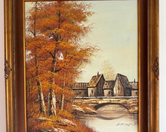 Vintage Fall Landscape Oil Painting: River with Stone Bridge Village Scene, Signed Art