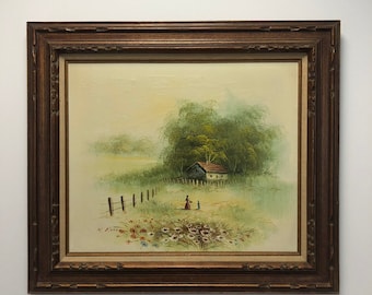 Vintage Rustic Cottage Oil Painting of a Country Scene in Wooden Frame Signed by Artist
