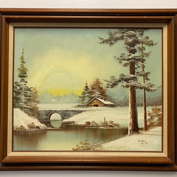 Vintage Rustic Barn Oil Painting of a Late Winter Scene in Wooden Frame Signed by Artist