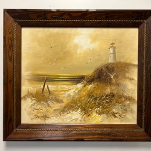 Vintage vuurtorenschilderij aan zee: gesigneerde nautische kunst