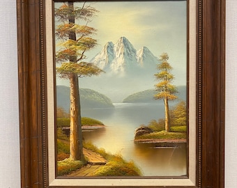 Vintage Landscape Oil Painting of a Mountain Scene in Wooden Frame Signed by Artist