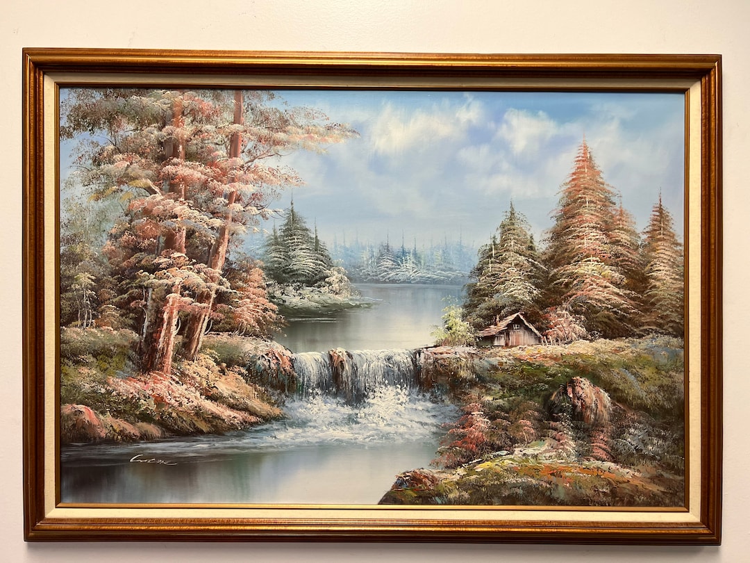 Vintage Rustic Cottage Oil Painting of a Forest Landscape Scene in ...