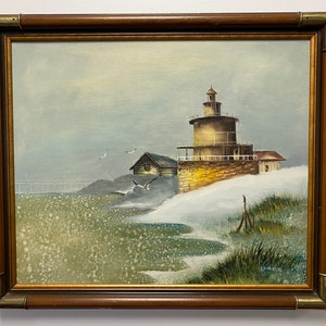 Vintage nautisch schilderij van het landschap aan zee ondertekend door kunstenaar