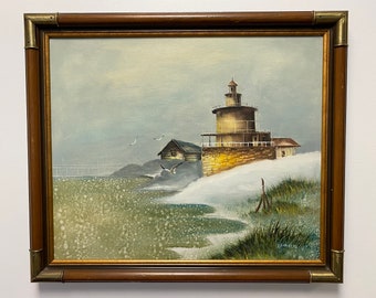 Vintage Nautical Painting of Seaside Landscape Signed by Artist