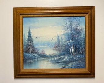 Vintage Landscape Oil Painting of a River Scene in Wooden Frame Signed by Artist