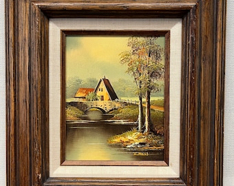 Peinture à l'huile vintage de paysage d'automne : scène de ferme rustique, signée L. Hills