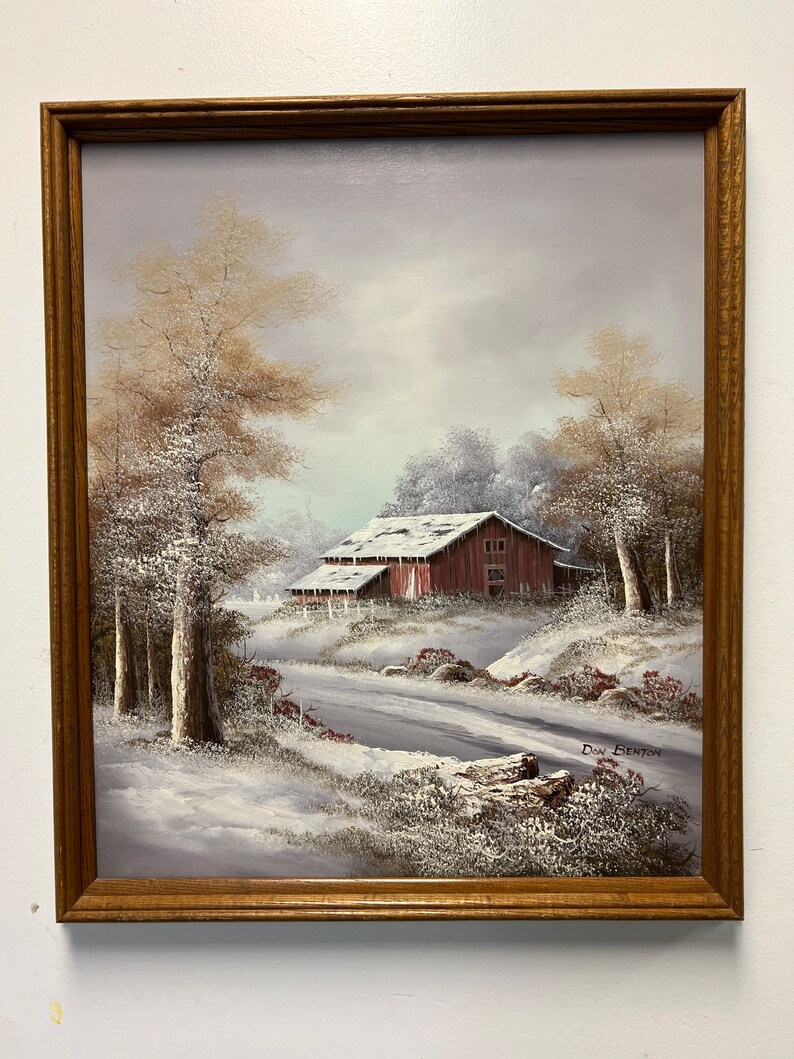 Vintage Rustic Barn Oil Painting of a Winter Scene in Wooden Frame ...
