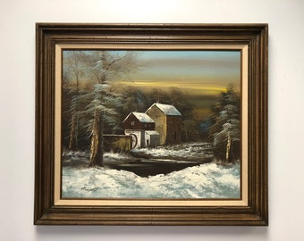 Vintage Rustikales Ölgemälde einer Winterszene im Holzrahmen vom Künstler signiert